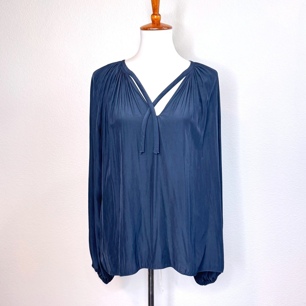 RAMY BROOK Peasant Long Puff Sleeve Top SMALL Navy Blue Prairie Cottagecore